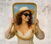 Woman wearing stylish OJO sunglasses and straw hat, holding a mirror frame under the summer sky – lifestyle sunglasses concept.