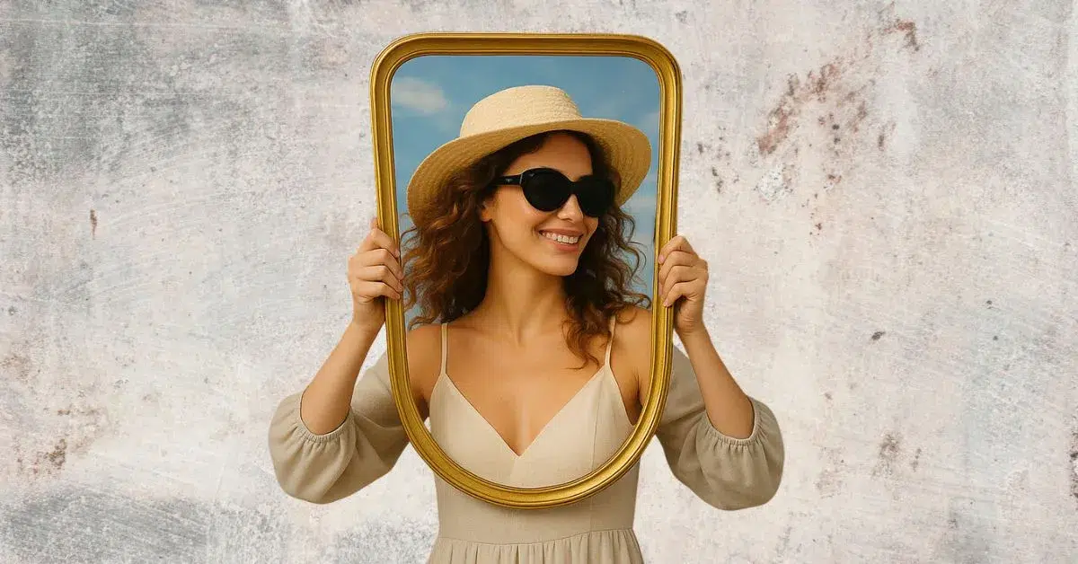 Woman wearing stylish OJO sunglasses and straw hat, holding a mirror frame under the summer sky – lifestyle sunglasses concept.