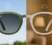 Split image showing OJO photochromic glasses adapting to lighting conditions — dark lenses and green frame under sunlight on the left, clear lenses and pink frame in an indoor setting on the right.