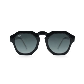 ROUND BLACK FRAME WITH CLEAR TEMPLES AND BLACK LENSES