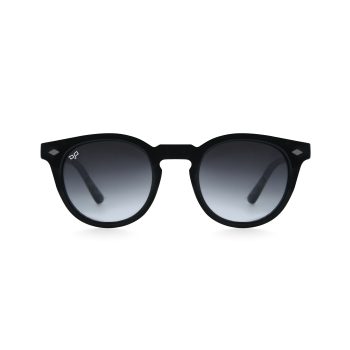 ROUND BLACK FRAME AND TEMPLES WITH BLACK LENSES