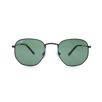 SQUARE BLACK FRAME AND TEMPLES AND GREEN LENSES