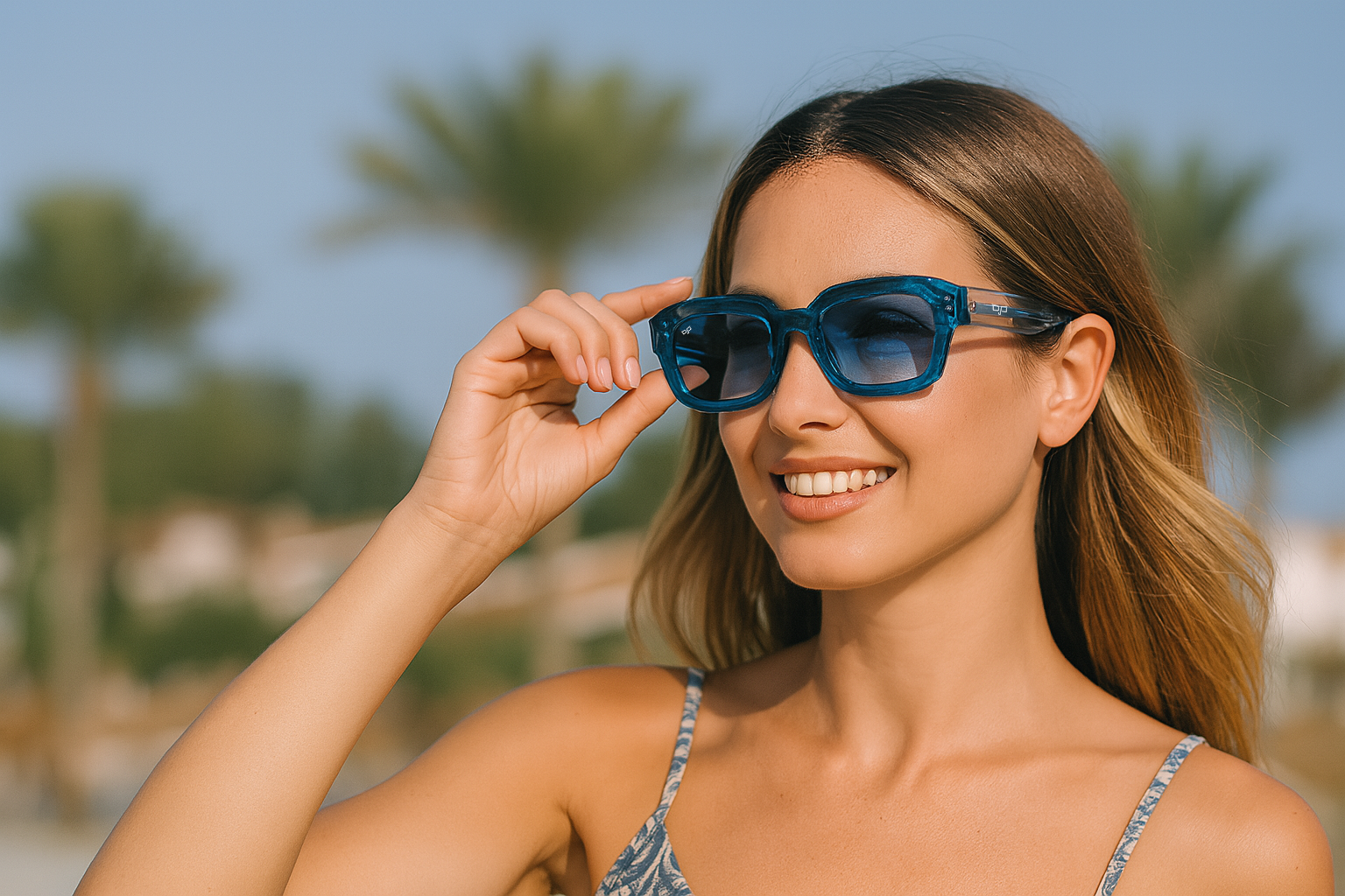 Woman wearing blue OJO sunglasses outdoors, adjusting them while smiling in a sunny, tropical setting.